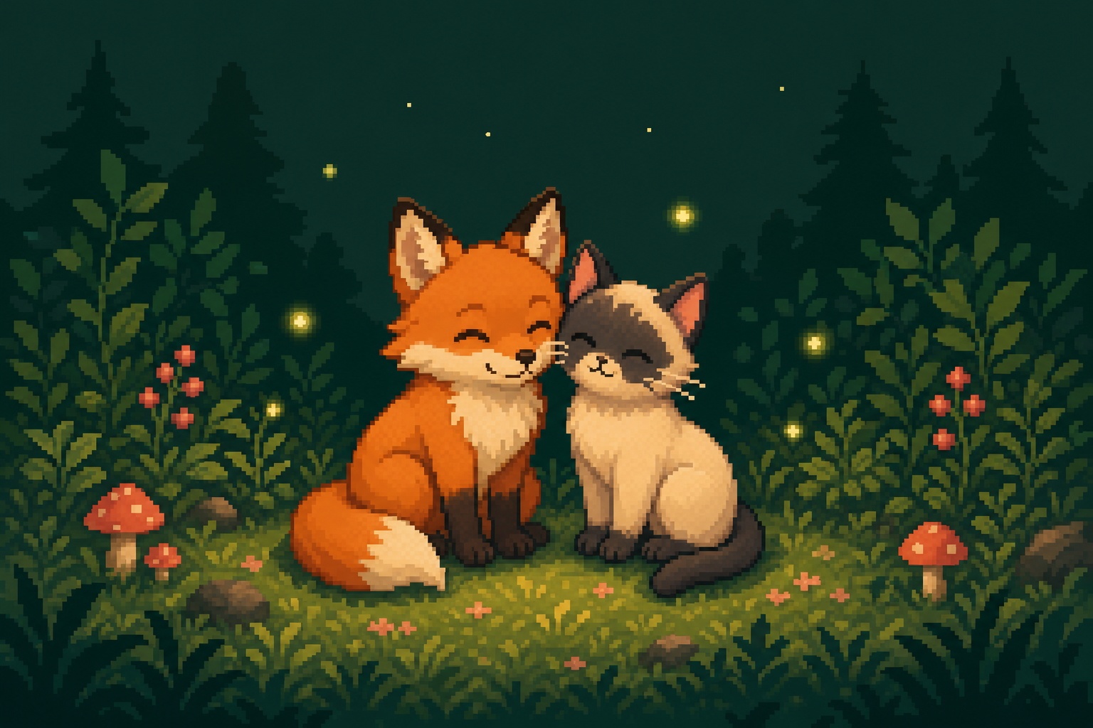 Pixel art of a smiling fox and cat sitting together in a glowing forest clearing